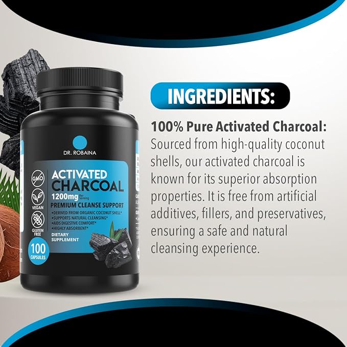 Dr. Robaina Activated Charcoal Capsules 1200 mg – Coconut-Shell Carbon for Gas & Bloating Relief, Digestive Comfort & Next-Morning Support – Vegan • Non-GMO – 100 Count, USA Made