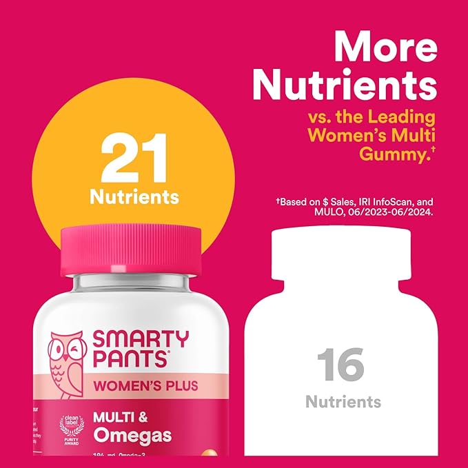 SmartyPants Women’s Multivitamin Gummies, Omega 3 DHA/EPA, Methylfolate, CoQ10, Vitamin D3, C, B12, B6, A, K, Zinc, Three Fruit Flavors, 90 Count (30 Day Supply)