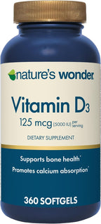 Nature's Wonder Vitamin D3 5000iu (125mcg) High Potency, Dietary Supplement to Support Bone Health and Immune System, Gluten Free, 360 Softgels, 1 Year Supply