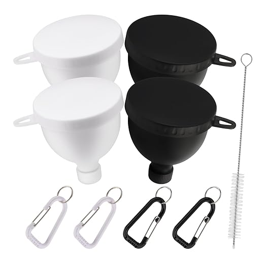 Protein Powder Funnel 4-Pack with Cleaning Brush, 5oz Leak-Proof Containers, Gym Travel Supplement Dispenser, Black White