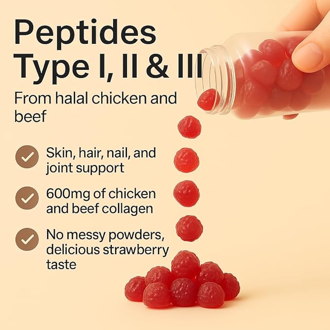 Sakoon nutrition Halal Certified Collagen Peptides Gummies | (Type I, II & III) Collagen Gummies for Women & Men | 90 Naturally Flavoured Strawberry Gummy to Support Hair, Skin, Joints & Nails | USA