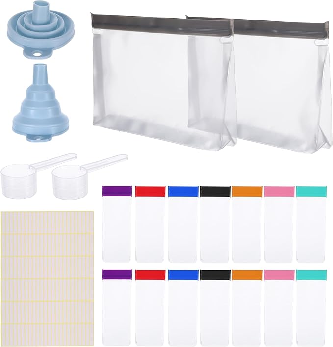 Protein Powder Travel Container Set, Travel Protein Powder Container to Go Supplement Reusable Portable with Funnel Spoon Label, 14pcs Single Dose Bags and 2pcs Large Zip Bags Supplement Storage