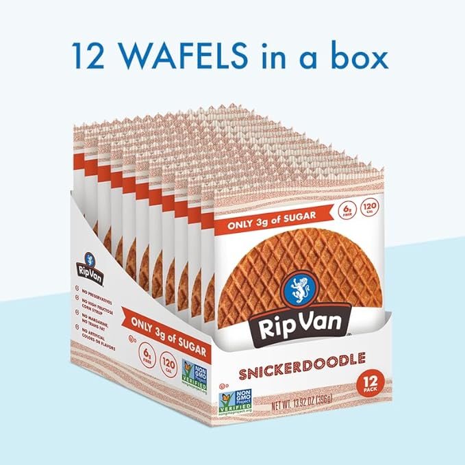 Rip Van Wafels Snickerdoodle Stroopwafels, Healthy Snacks, Non-GMO, Keto Friendly, Office Snacks, Low Sugar (3g), Low Calorie, 12 Pack