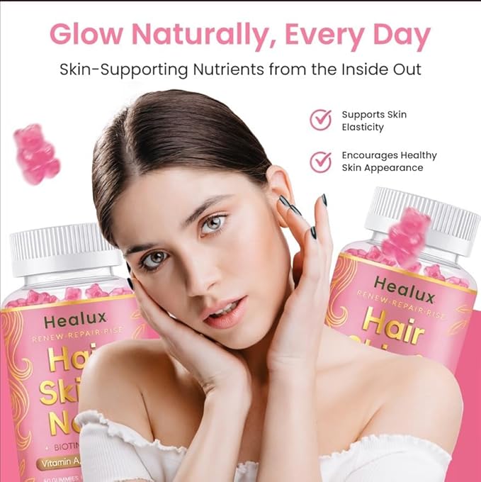 Hair Skin and Nails Gummies, 5000 mcg Biotin with Vitamins A, C, D2 & E, B-Complex, Zinc & Iodine, Hair Skin and Nails Vitamins for Women & Men, Supports Hair Growth, Nails, Glowing Skin - 60 Gummies