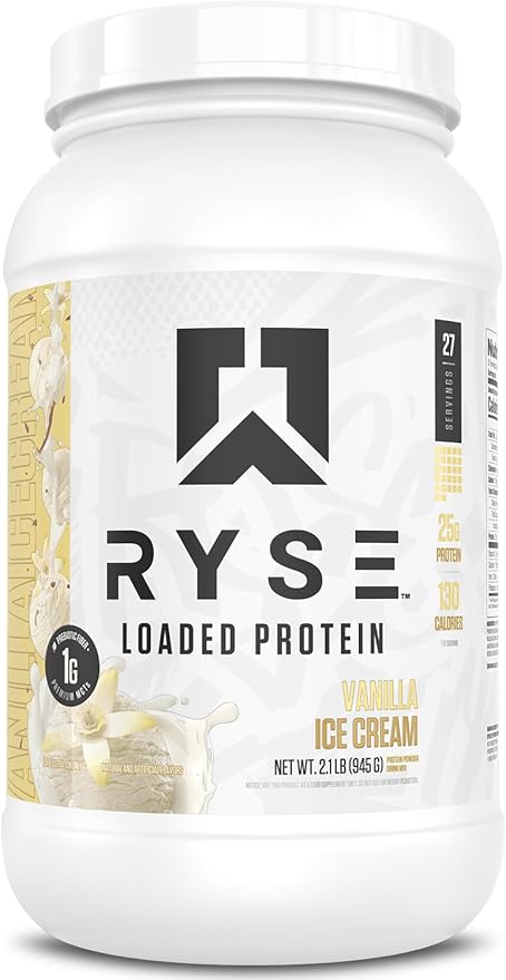 RYSE Loaded Protein Powder - Vanilla Ice Cream - 25g Whey Protein Isolate & Concentrate with Prebiotic Fiber & MCTs - Low Carb, Low Sugar, Digestive-Friendly - 27 Servings / 2 lb Tub