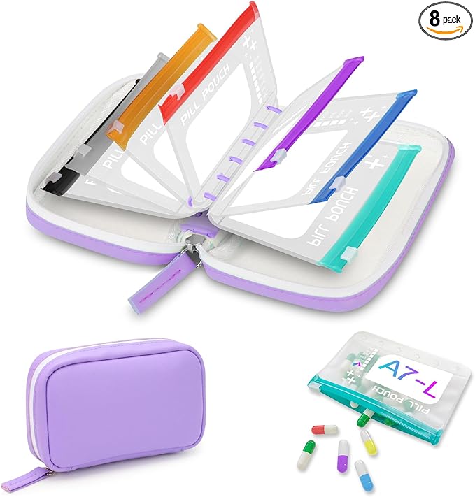 Timueetech A7 Waterproof Pill Organizer with 7 PCS L Size Zippered Pill Pouches for A7 Binder, Large BPA-Free Weekly Medicine Organizer, Color-Coded Reusable Travel Pill Storage System