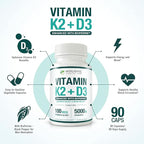 Max Absorption Vitamin K2 + D3 (5000IU) 90 Veggie Capsules From MK-7 (Menaquinone-7) and Cholecalciferol (With BioPerine) 3-Months Supply – D3 with K2 For Healthy Heart and Strong Bones | Non-GMO