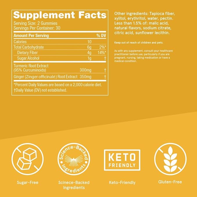 Bulletproof Sugar-Free Peach Ginger Turmeric Gummies, 60 Count, Keto Supplement for Joint and Inflammation Response Support, New and Improved Flavor and texure