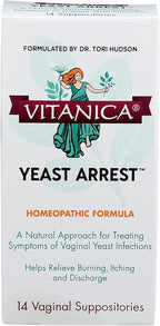 Vitanica Yeast Arrest, Homeopathic Vaginal Suppositories, for Yeast Infection Symptoms, Relieves Burning, Itching & Discharge, with Boric Acid, Tea Tree Oil & Probiotics, Vegan, 14 Count