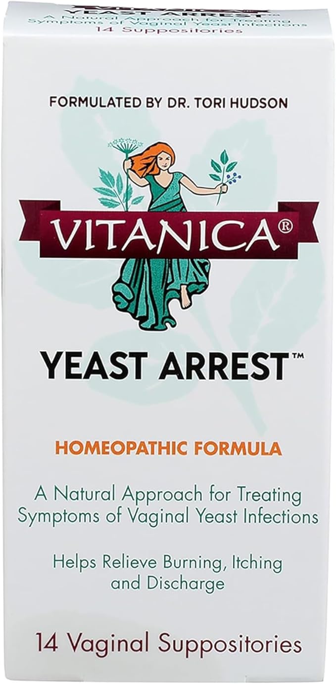 Vitanica Yeast Arrest, Homeopathic Vaginal Suppositories, for Yeast Infection Symptoms, Relieves Burning, Itching & Discharge, with Boric Acid, Tea Tree Oil & Probiotics, Vegan, 14 Count