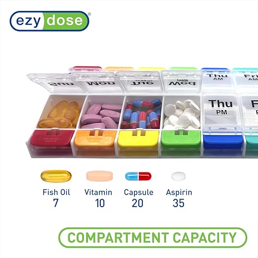 EZY DOSE Push Button (7-Day) Pill Case, Medicine Planner, Vitamin Organizer, 2 Times a Day, AM/PM Container, X-Large Compartments, Arthritis Friendly, Easy to Use, Clear Lids, Rainbow, BPA Free