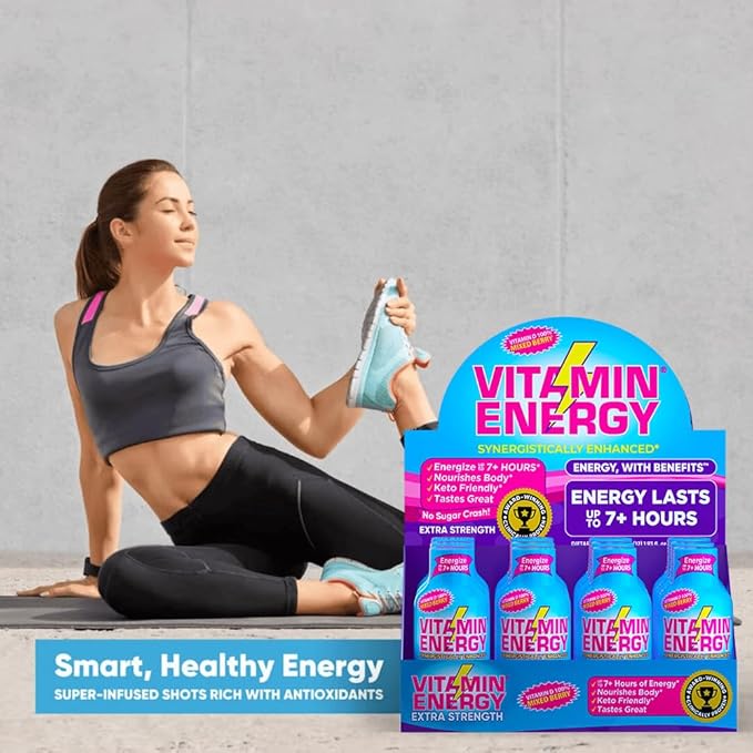 Vitamin Energy Vitamin D Extra Strength Energy Shot Mixed Berry 24 Pack, 260mg Natural Caffeine, B-Complex, Vitamin D, Wellness Support, Keto, Zero Sugar, Gluten-Free Vegan Kosher, 1.93 fl oz