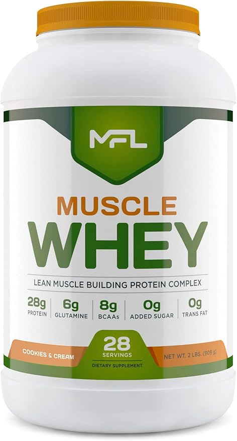 MFL Muscle Whey Protein l 28g of Protein l 8g BCAAs l Keto Friendly l Low Carbs l 2 lbs (Cookies and Cream)