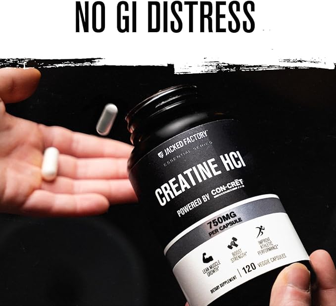 Jacked Factory Creatine HCl Capsules - CON CRET Creatine Pills 750mg - Lean Muscle Growth & Recovery, Boost Strength & Endurance, No Bloating or Cramps - 120 Capsules