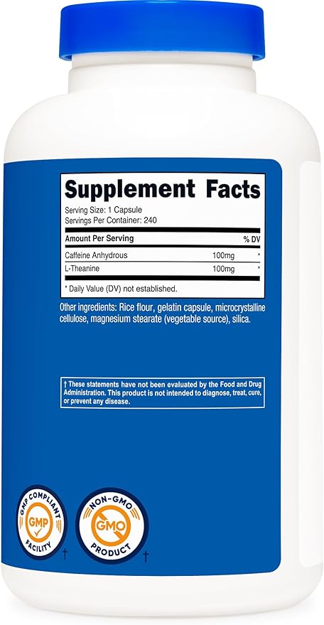 Nutricost Caffeine with L-Theanine, 100mg of Each, 240 Capsules, 240 Servings - Non-GMO and Gluten Free