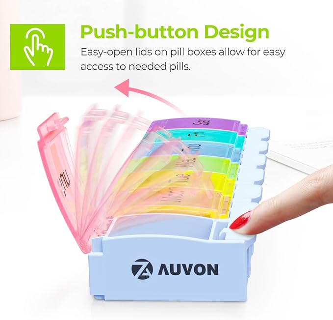 AUVON Weekly Pill Organizer Arthritis Friendly, BPA Free Travel 7 Day Pill Box Case with Spring Open Design and Large Compartment to Hold Vitamins, Cod Liver Oil, Supplements and Medication