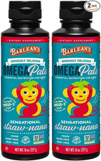 Barlean's Omega Pals Sensational Straw-Nana Flavored Omega-3 for Kids, Yummy Children's Liquid Fish Oil Supplement with 1,483 mg ALA, Non-GMO, Vegan for Brain and Eye Health, 8 oz, 2 Pack