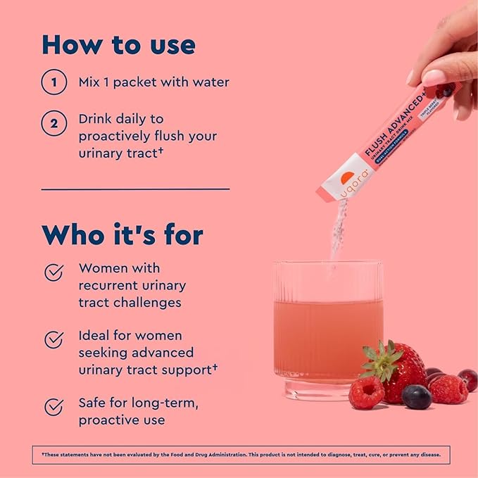 Uqora Flush Advanced+ - Helps Reduce Risk of Recurrent UTI** - with Cranberry, D-Mannose, Vitamin C, Vitamin B6 & Potassium - Gluten-Free & Vegan - Triple Berry Flavor - 10 Packets (3 Pack)