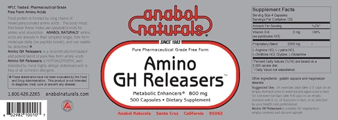 Anabol Naturals Amino GHReleasers Pre-Workout Amino Acid Supplement – MetaboEnhancer with L-Glutamine and L-Arginine for Lean Muscle, 500 Capsules