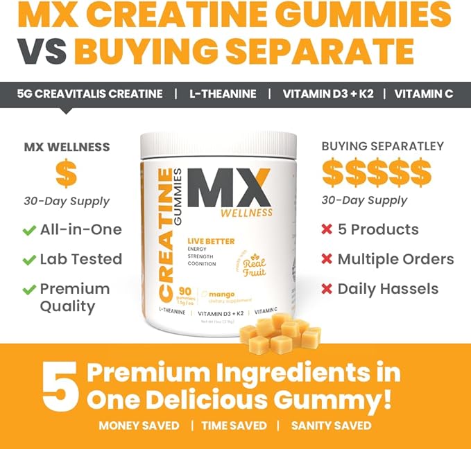 Creatine Monohydrate Gummies for Men & Women – Real Fruit Gummy Supplement for Muscle Growth, Recovery, Longevity, Cognitive Health & Memory – 90 Chews (90 Gummies, Mango)