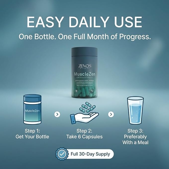 Zenos Health MuscleZen Muscle Builder for Men – ATP Supplements for Strength – Muscle Supplements for Super Recovery – Clear Muscle Support for Lean Muscle Growth - Made in USA, 180 Caps