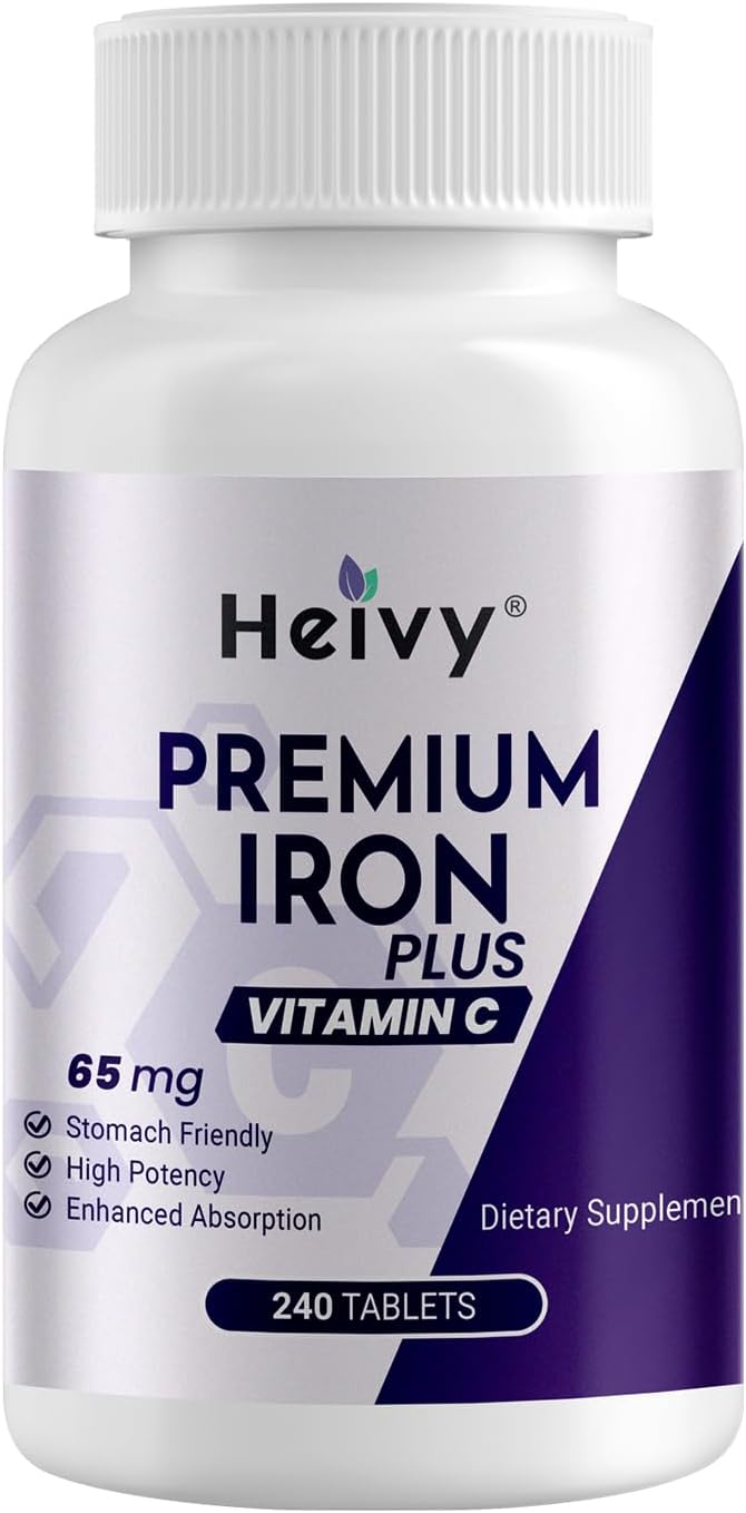 Heivy Ferrous Sulfate 325mg, Iron 65mg, Iron with Vitamin C – High Potency Iron Supplement for Women & Men – Premium Pure Ingredients, Gentle on Stomach, 240 Tablets, Made in USA