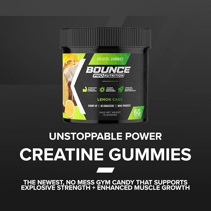 Bounce Pro Creatine Monohydrate Gummies for Men & Women, Low Calorie, 6G of Creatine per Serving, Vegan, Anti-Melting, Gluten-Free, Non-GMO (75 Count (Pack of 1), Lemon Cake)