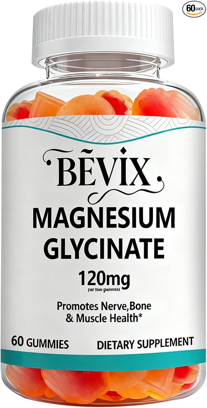 High Absorption Magnesium Glycinate Gummies for Adults & Kids, BEVIX 120mg Magnesium Supplement | 60 Count | Supports Relaxation, Nerve, Muscle & Bone Health | Vegan, Gluten Free, Non-GMO