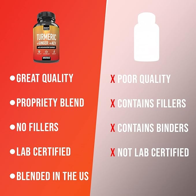 Envy Nutrition Turmeric & Ginger Supplement Capsules with Apple Cider Vinegar - Enhanced Immunity & Metabolism Support - 95% Curcuminoids, Bioperine (Black Pepper) for Superior Absorption - 60 Caps