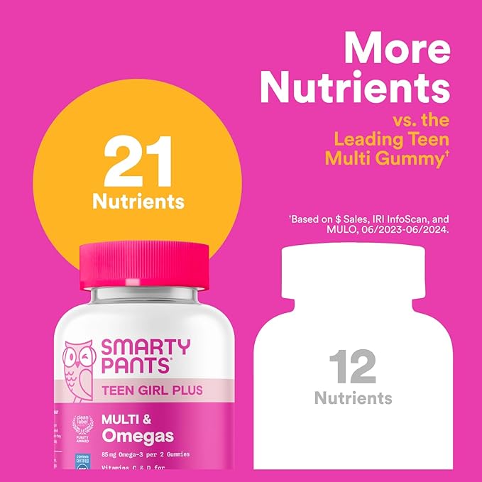 SmartyPants Teen Girl Multivitamin Gummies, Omega 3 (DHA/EPA), Vitamin C, D3, B12, Vitamin A, K & Zinc, Biotin to Support Hair, Skin & Nails, Gluten Free, 60 Count (30 Day Supply)
