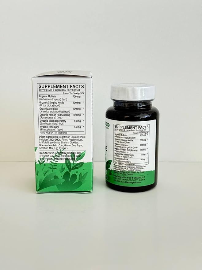 Wild & Organic Lung Cleanse Capsules - Lung Support Supplement with Mullein Leaf, Stinging Nettle, Angelica & Korean Panax Ginseng Powder - Vegan, No Fillers, Non-GMO - 60 Count