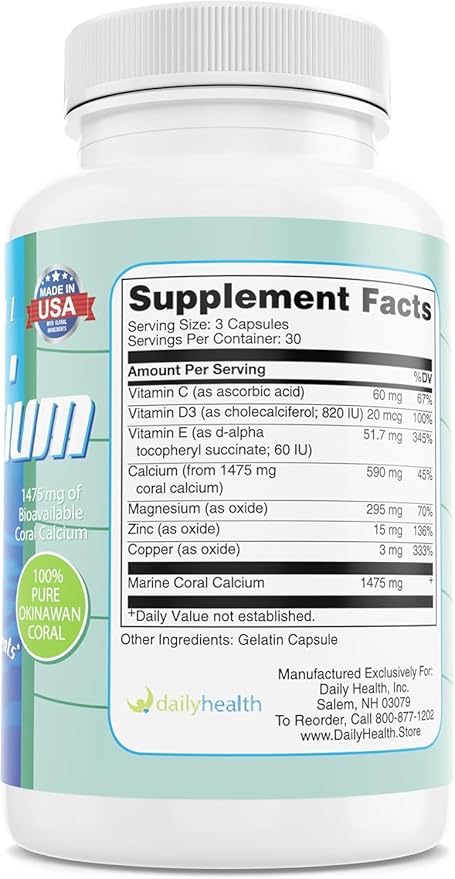 Daily Health - Pure Okinawa Coral Calcium - Marine-Grade Supplement with 72 Trace Minerals - 1475mg, 1080 Vegetable Capsules (12 Month Supply)