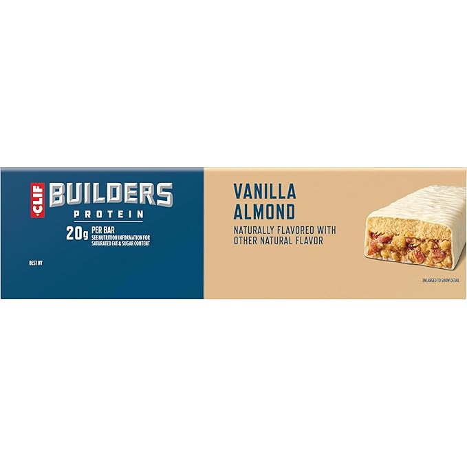 CLIF BUILDERS Protein Bars - Vanilla Almond Flavor - 20g Plant Based Protein - Gluten Free - Non-GMO - Low Glycemic - No Artificial Sweeteners - 2.4 oz. (12 Pack)