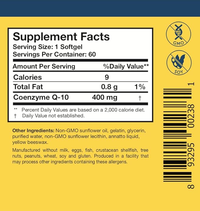 Researched Nutritionals CoQ10 400mg Softgels for Heart Health - Therapeutic-Strength Coenzyme Q10 Supplement - Support Natural Energy & Immune Function, Promote Healthy Gum Tissue (60 Softgels)