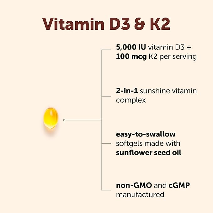 Micro Ingredients Vitamin D3 5,000 IU + K2 MK-7 100 mcg Per Serving, 90 Softgels | 2-in-1 D3 K2 Supplement | Easy-to-Swallow, Non-GMO, Gluten Free