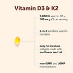 Micro Ingredients Vitamin D3 5,000 IU + K2 MK-7 100 mcg Per Serving, 90 Softgels | 2-in-1 D3 K2 Supplement | Easy-to-Swallow, Non-GMO, Gluten Free