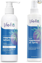 LIFE-FLO Magnesium Lotion and Pure Magnesium Oil Spray Bundle - with Magnesium Chloride from The Zechstein Seabed - 100% Magnesium Oil for Feet and Body and Unscented Lotion, 8 Oz Pack of 2, Unscented