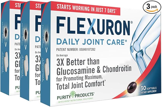 Purity Products Flexuron Joint Formula 3X Better Than Glucosamine and Chondroitin - Starts Working in just 7 Days - Krill Oil, Low Molecular Weight Hyaluronic Acid, Astaxanthin - 30 Count (3)