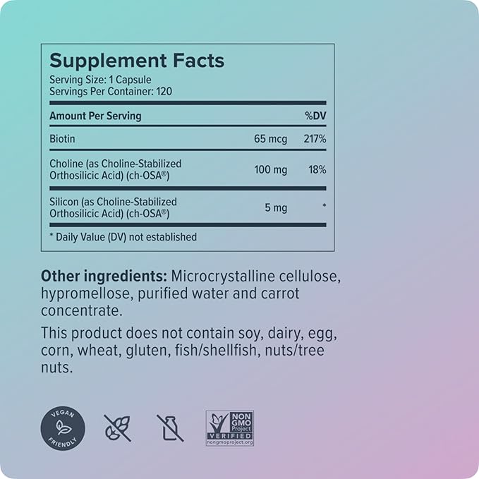 Biosil Advanced Hair + Nail Care - 120 Capsules - Grow, Strengthen & Thicken Hair and Nails - with Patented ch-OSA & Biotin - 60-Day Supply