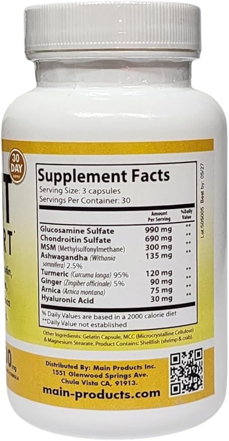 Joint Support - Glucosamine Chondroitin MSM Hyaluronic Acid Ashwagandha Turmeric Ginger Arnica - 2430mg Joint Support Supplement, Micronized, 90 Capsules.