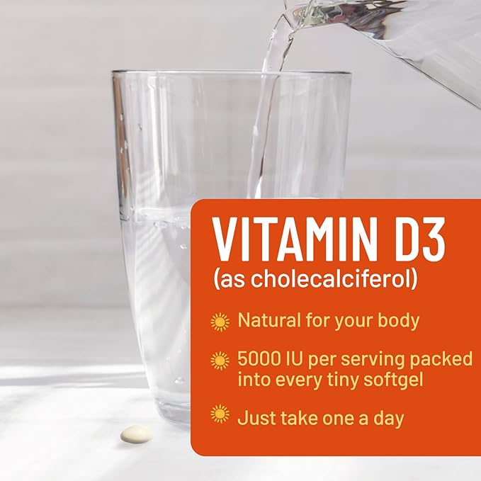 Vitamin D-3 5000 IU (125 mcg) Per Serving Softgels - Extra Strength Vitamins D Dietary Supplement for Bone, Teeth, Muscle Health & Immune Support, Rapid Absorbtion USA Bottled, Gluten Free - 60 Count