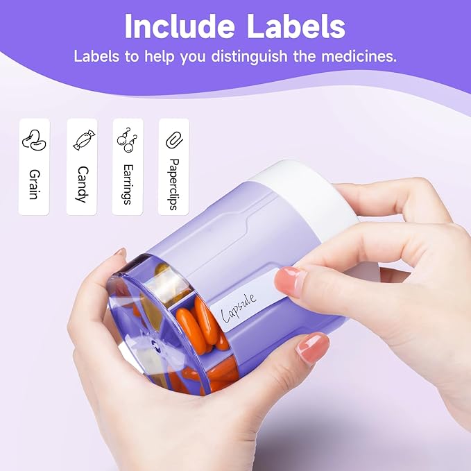 Daviky Pill Bottle Organizer, Supplement Organizer with 7 Large Compartments, Travel Pill Dispenser Round Pill Box with Two Lids（Purple）