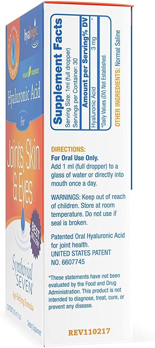 Hyalogic Synthovial Seven Liquid Hyaluronic Acid – Vegan Oral Joint & Skin Supplement, High Molecular Weight, Pure Hydration Support Supplements, 1 oz (2 Pack)