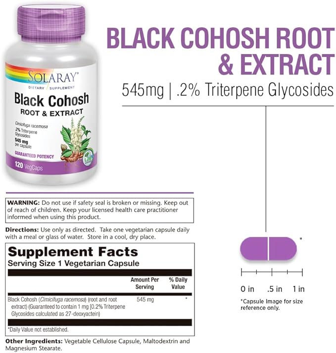 SOLARAY Black Cohosh Root Supplement for Women - Menopause Support, Vegan Capsules, Black Cohosh Herb, 545 mg per Serving, Phytoestrogen Properties, 0.2% Triterpene Glycosides - 120 Veg Cap Count