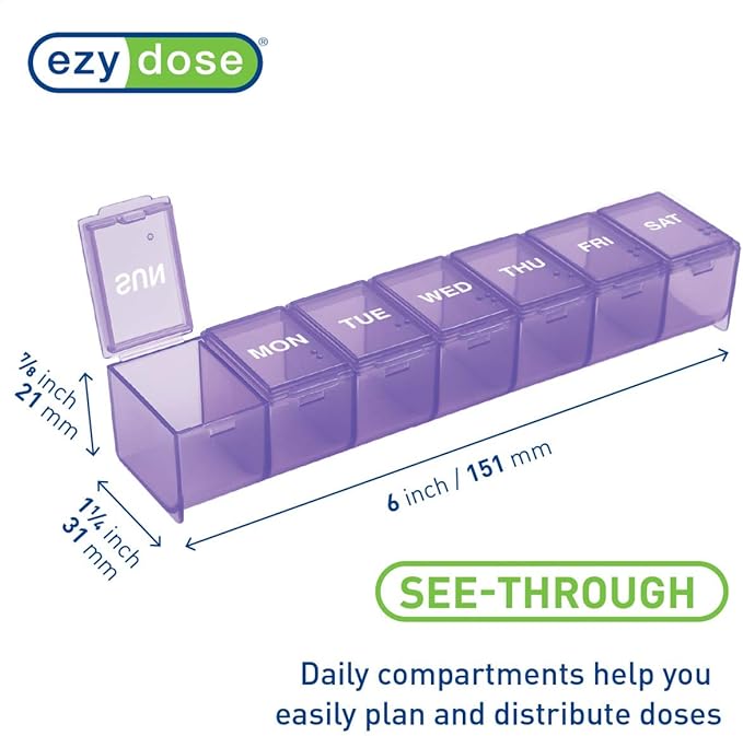 EZY DOSE Weekly (7-Day) Daily Pill Case, Medicine Planner, Vitamin Organizer, Supplement Container, Convenient and Easy to Use, Large Compartments, Travel Friendly, Purple, Made in the USA, BPA Free