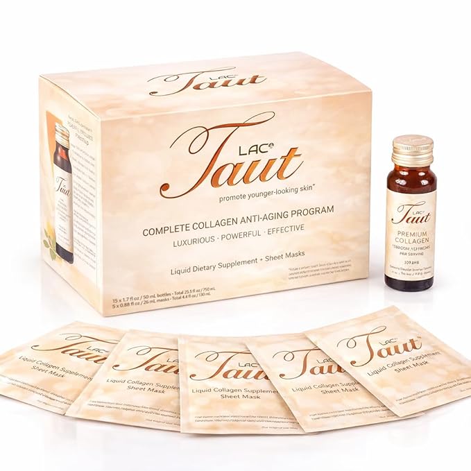 TAUT Marine Collagen Drink & Face Mask – 13,000mg Hydrolyzed Collagen Protein with Hyaluronic Acid for Youthful, Radiant Skin – Includes 15 Bottles and 5 Masks (30-Day Supply)