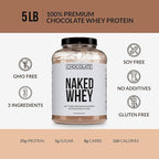 NAKED Whey Protein Supplement Powder, Chocolate, NSF Certified, GMO Free, Soy Free, Gluten Free Aid Muscle Growth and Recovery 60 Servings, 5 Ib