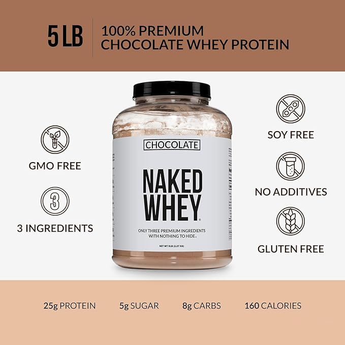 NAKED Whey Protein Supplement Powder, Chocolate, NSF Certified, GMO Free, Soy Free, Gluten Free Aid Muscle Growth and Recovery 60 Servings, 5 Ib