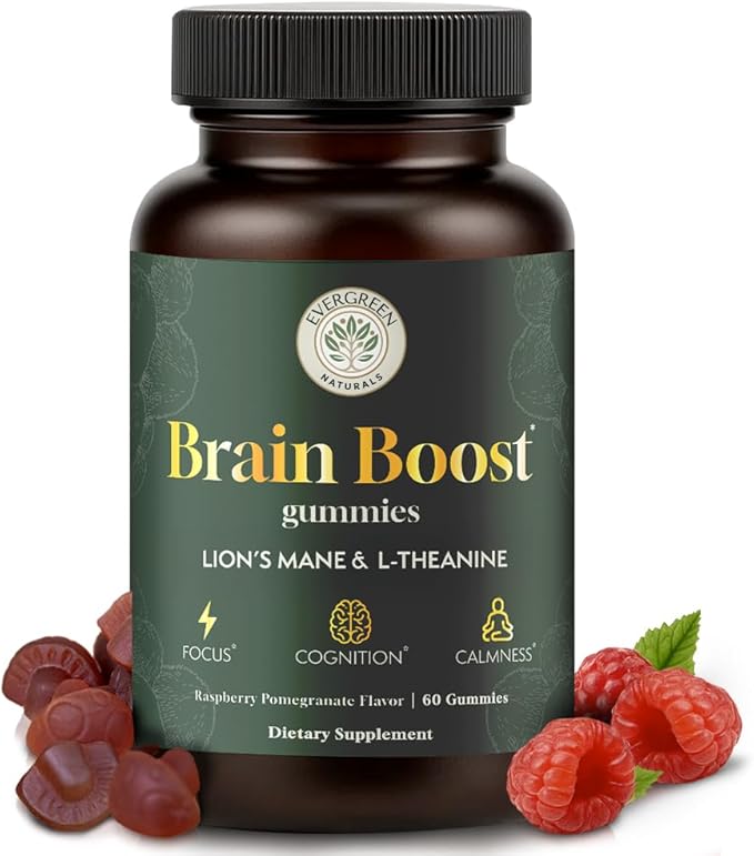 Lion’s Mane Mushroom Gummies 10:1 Extract with L-Theanine 200mg - Nootropic Cognitive Support for Focus, Memory & Calm Energy - Vegan, Non-GMO, Gluten-Free - Pomegranate Raspberry Flavor - 60 Count