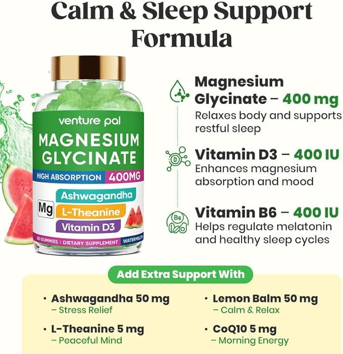 60 Day Supply Magnesium Glycinate 400mg Gummies with Ashwagandha, L-Theanine, CoQ10, Vitamin D3 & B6, Sugar Free Magnesium Gummies for Adults & Kids, Stress Relief, Sleep & Calm, Vegan, Gluten Free